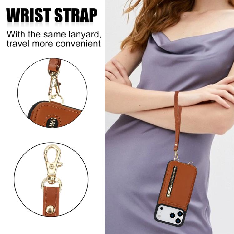 For iPhone 17 Pro YM006 Skin Feel Zipper Card Bag Phone Case with Dual Lanyard