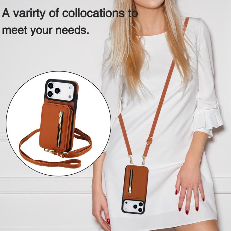 For iPhone 17 Pro YM006 Skin Feel Zipper Card Bag Phone Case with Dual Lanyard