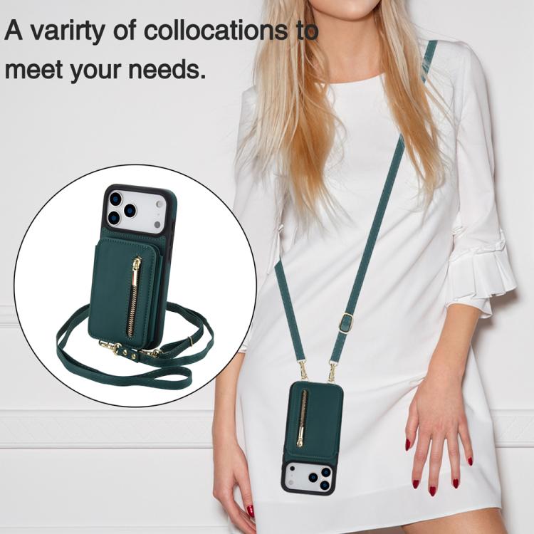 For iPhone 17 Pro YM006 Skin Feel Zipper Card Bag Phone Case with Dual Lanyard