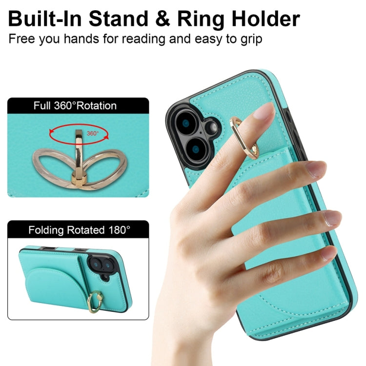 For iPhone 16 Plus Ring Holder Card Bag Skin Feel Phone Case