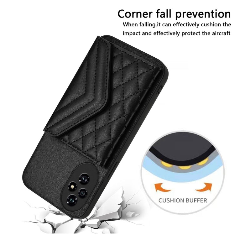 For Honor 200 Pro 5G Rhombic Texture Card Bag RFID Phone Case with Long Lanyard
