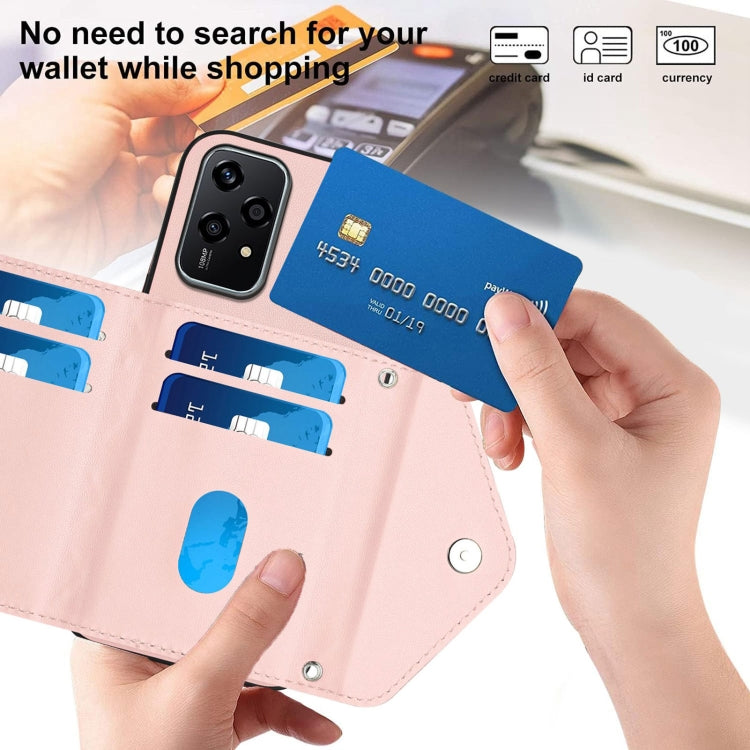 For Honor 200 Lite 5G Global Rhombic Texture Card Bag RFID Phone Case with Long Lanyard