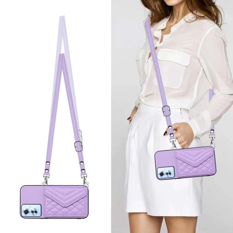 For OPPO Reno11 F Thai Version Rhombic Texture Card Bag RFID Phone Case with Long Lanyard