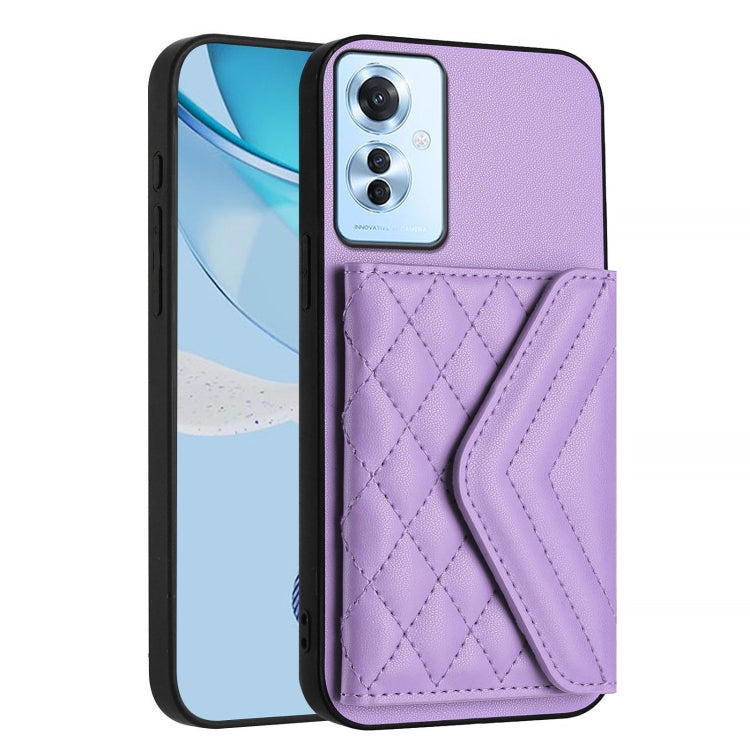 For OPPO Reno11 F Thai Version Rhombic Texture Card Bag RFID Phone Case with Long Lanyard