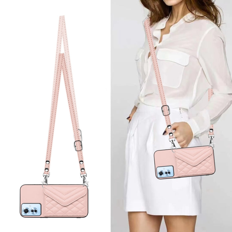For OPPO Reno11 F Thai Version Rhombic Texture Card Bag RFID Phone Case with Long Lanyard