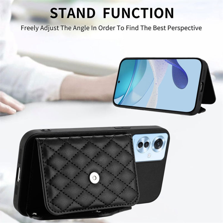 For OPPO Reno11 F Thai Version Rhombic Texture Card Bag RFID Phone Case with Long Lanyard