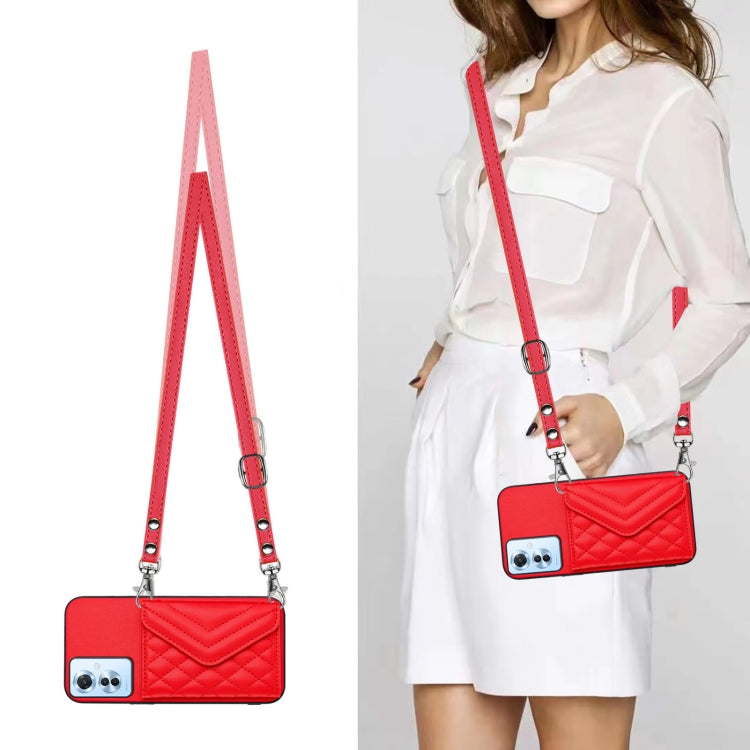 For OPPO F25 Pro 5G India Rhombic Texture Card Bag RFID Phone Case with Long Lanyard