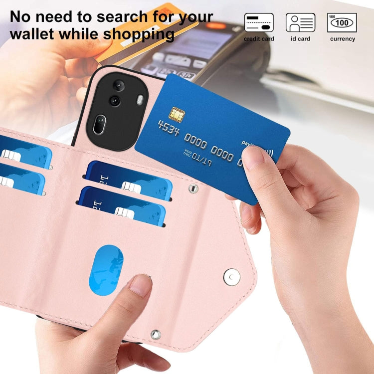 For OPPO Reno11 Global Rhombic Texture Card Bag RFID Phone Case with Long Lanyard