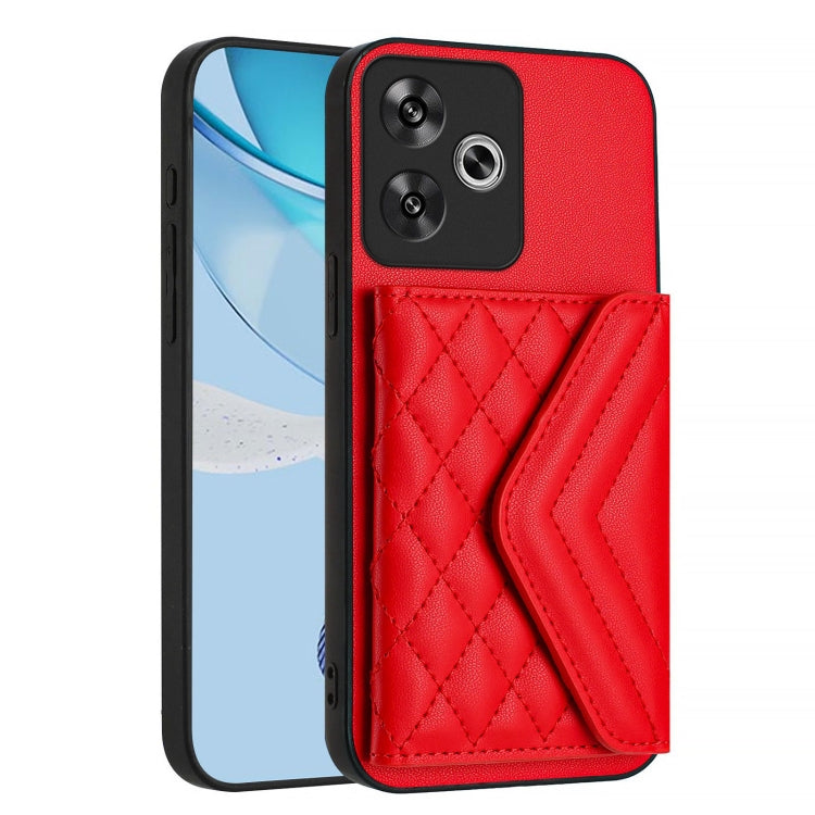 For Redmi Turbo 3 Rhombic Texture Card Bag RFID Phone Case with Long Lanyard