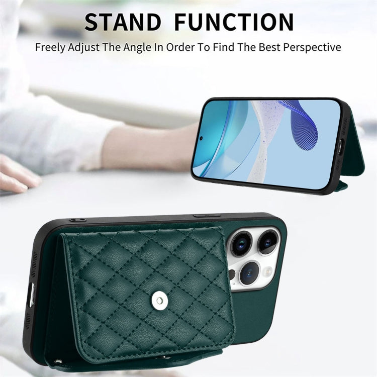 For iPhone 16 Pro Max Rhombic Texture Card Bag RFID Phone Case with Long Lanyard
