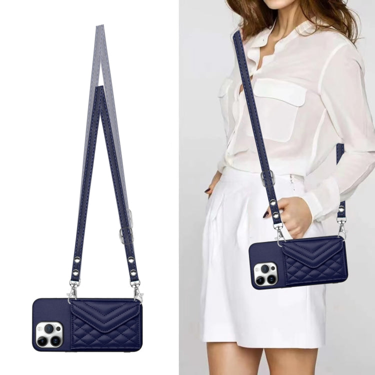 For iPhone 16 Pro Max Rhombic Texture Card Bag RFID Phone Case with Long Lanyard