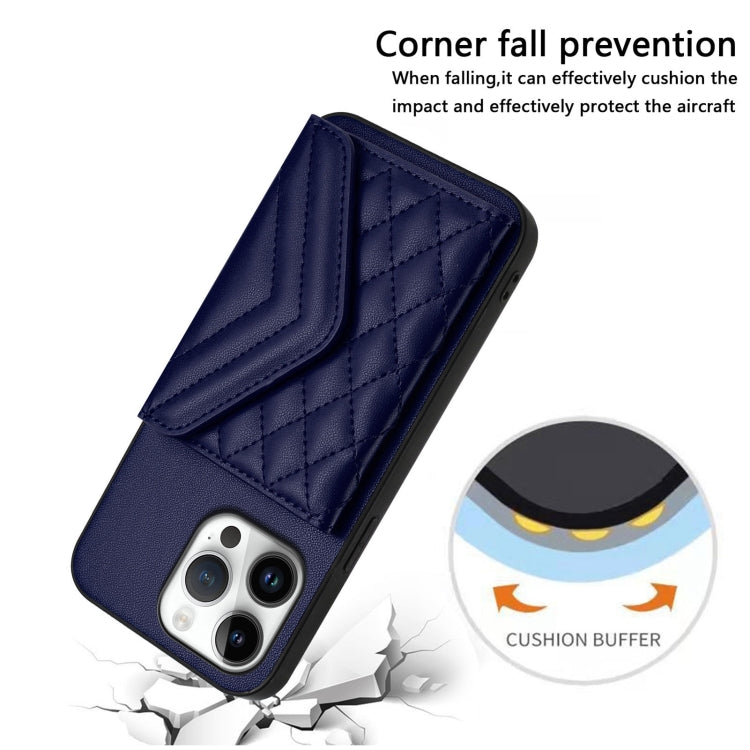 For iPhone 16 Pro Max Rhombic Texture Card Bag RFID Phone Case with Long Lanyard