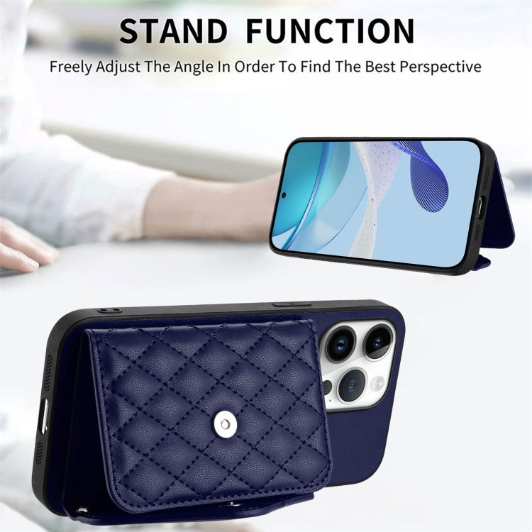 For iPhone 16 Pro Max Rhombic Texture Card Bag RFID Phone Case with Long Lanyard