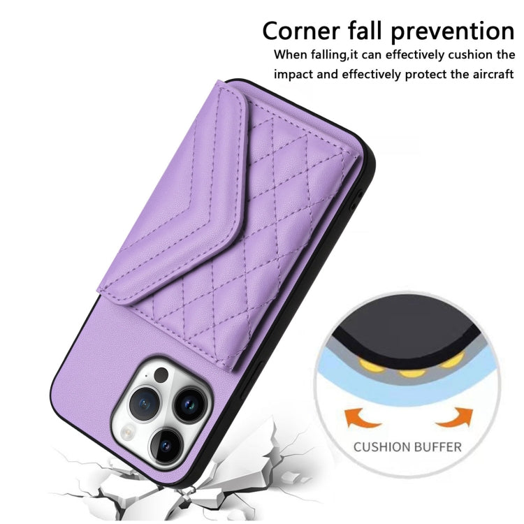 For iPhone 16 Pro Max Rhombic Texture Card Bag RFID Phone Case with Long Lanyard