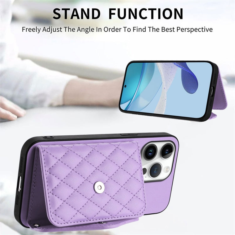 For iPhone 16 Pro Max Rhombic Texture Card Bag RFID Phone Case with Long Lanyard