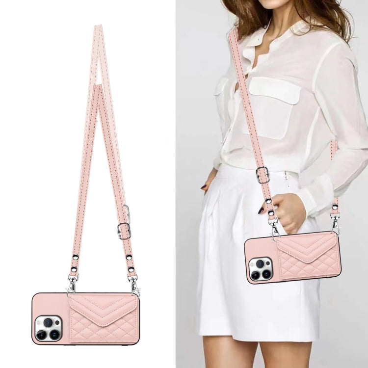 For iPhone 16 Pro Max Rhombic Texture Card Bag RFID Phone Case with Long Lanyard
