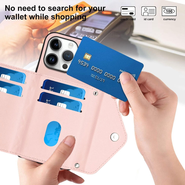 For iPhone 16 Pro Max Rhombic Texture Card Bag RFID Phone Case with Long Lanyard