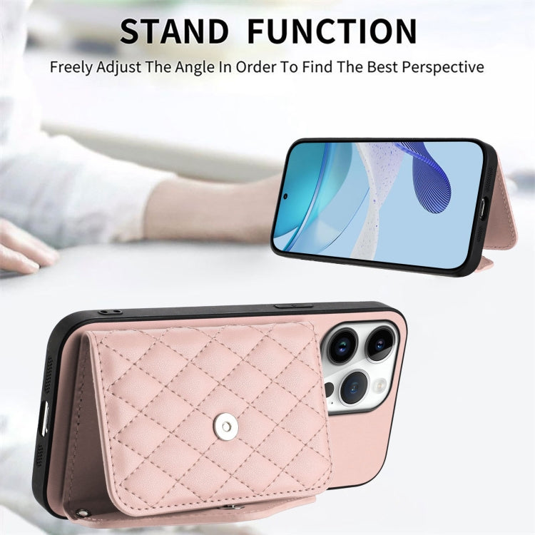 For iPhone 16 Pro Max Rhombic Texture Card Bag RFID Phone Case with Long Lanyard