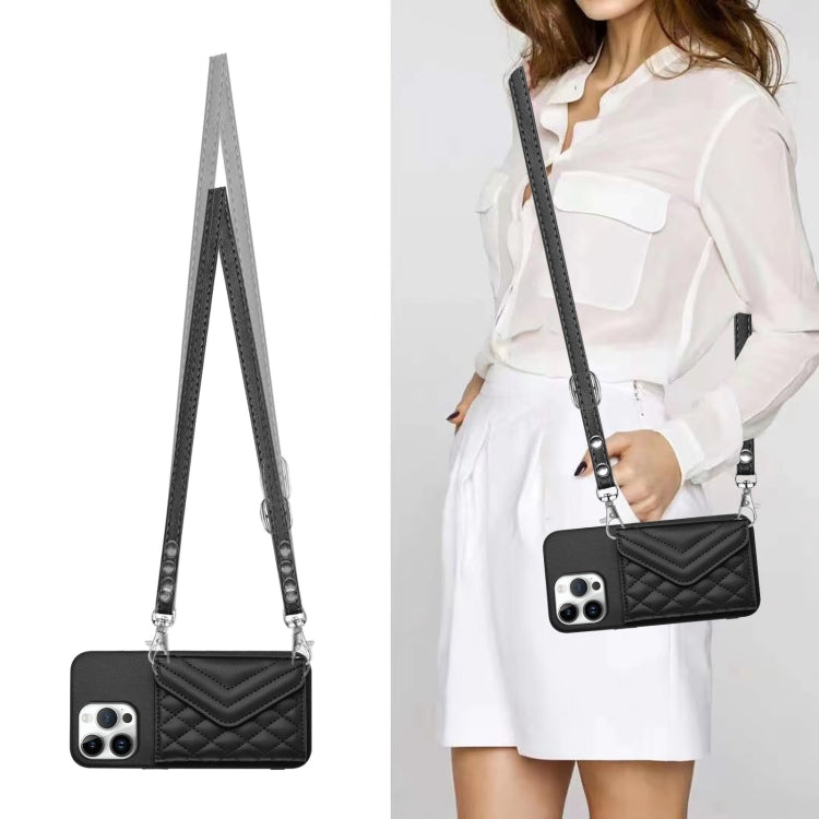 For iPhone 16 Pro Max Rhombic Texture Card Bag RFID Phone Case with Long Lanyard