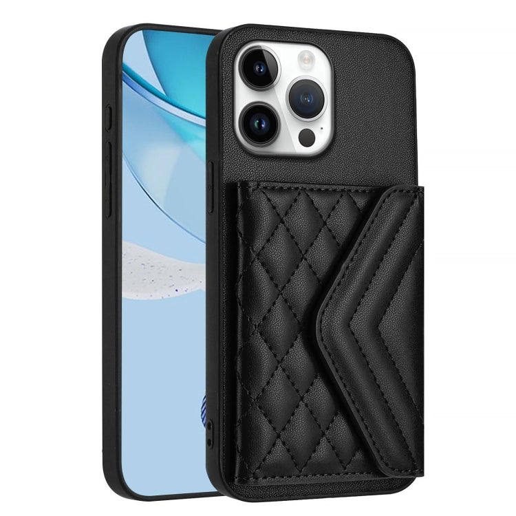 For iPhone 16 Pro Max Rhombic Texture Card Bag RFID Phone Case with Long Lanyard