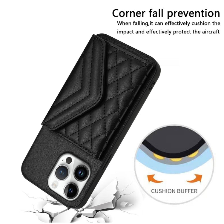 For iPhone 16 Pro Max Rhombic Texture Card Bag RFID Phone Case with Long Lanyard