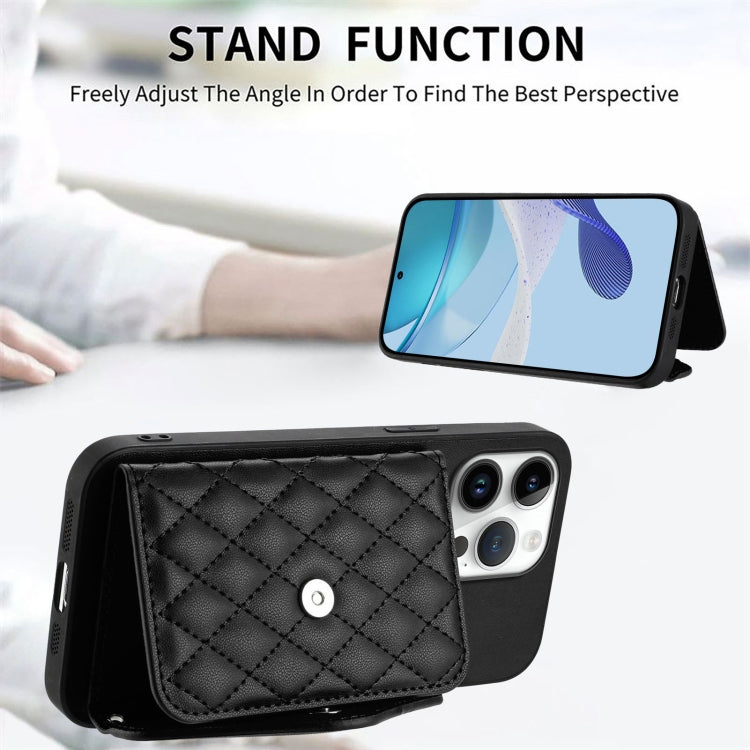 For iPhone 16 Pro Max Rhombic Texture Card Bag RFID Phone Case with Long Lanyard