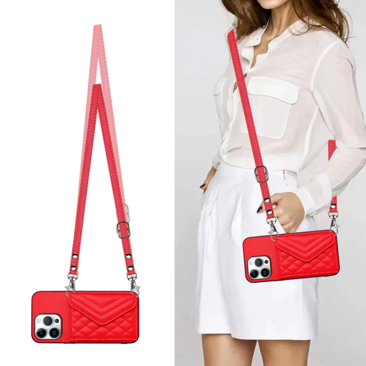 For iPhone 16 Pro Max Rhombic Texture Card Bag RFID Phone Case with Long Lanyard