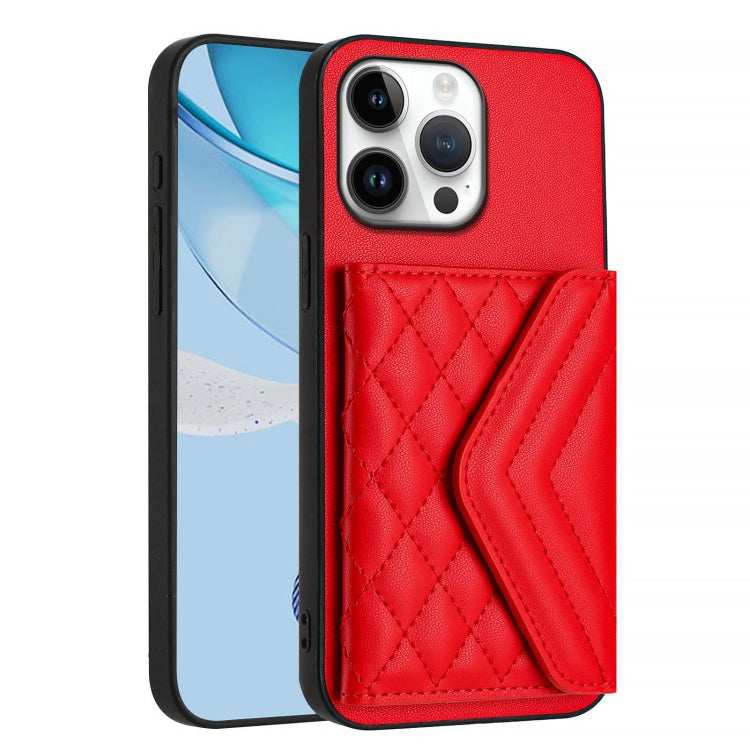 For iPhone 16 Pro Max Rhombic Texture Card Bag RFID Phone Case with Long Lanyard