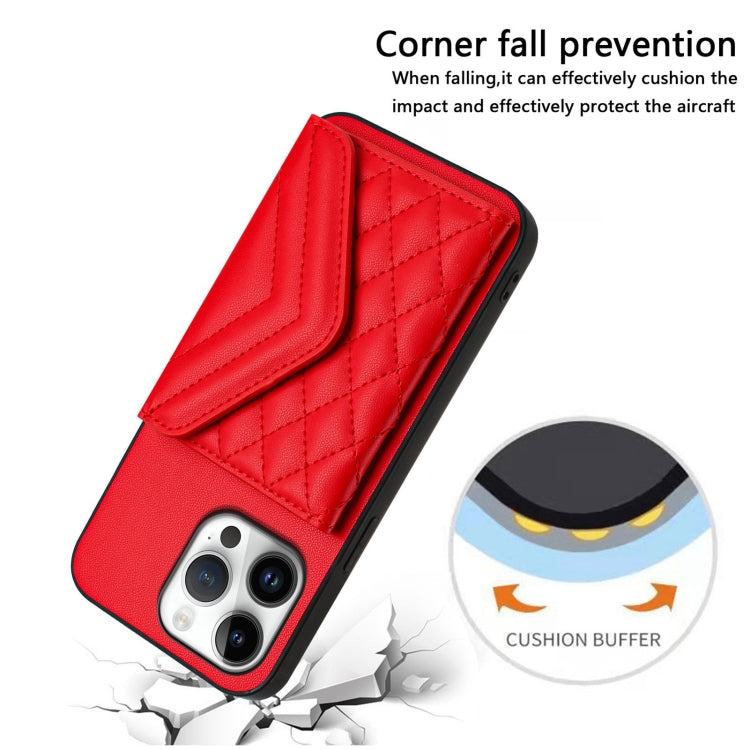For iPhone 16 Pro Max Rhombic Texture Card Bag RFID Phone Case with Long Lanyard