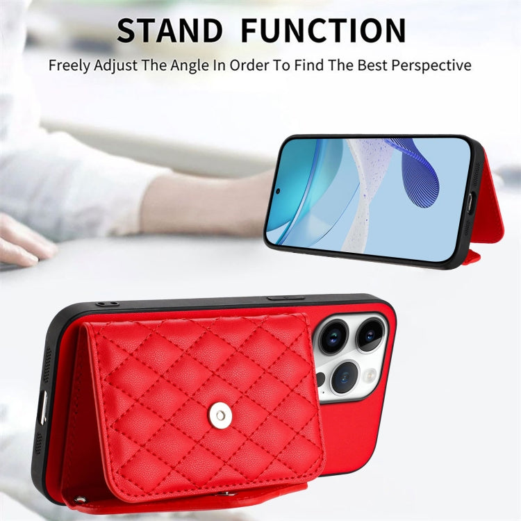 For iPhone 16 Pro Max Rhombic Texture Card Bag RFID Phone Case with Long Lanyard