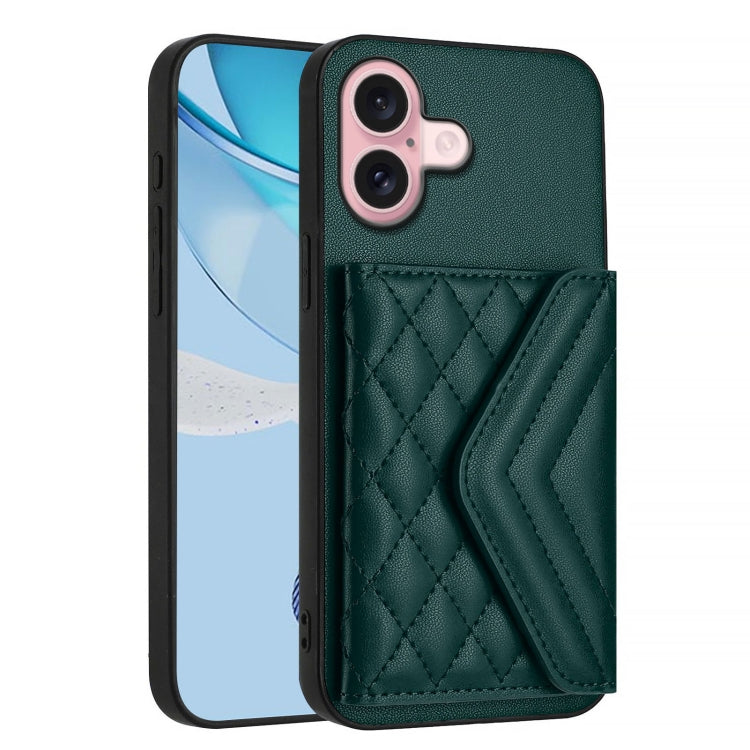 For iPhone 16 Rhombic Texture Card Bag RFID Phone Case with Long Lanyard