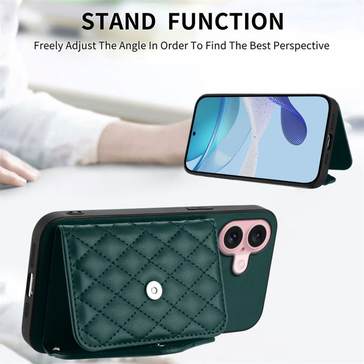 For iPhone 16 Rhombic Texture Card Bag RFID Phone Case with Long Lanyard