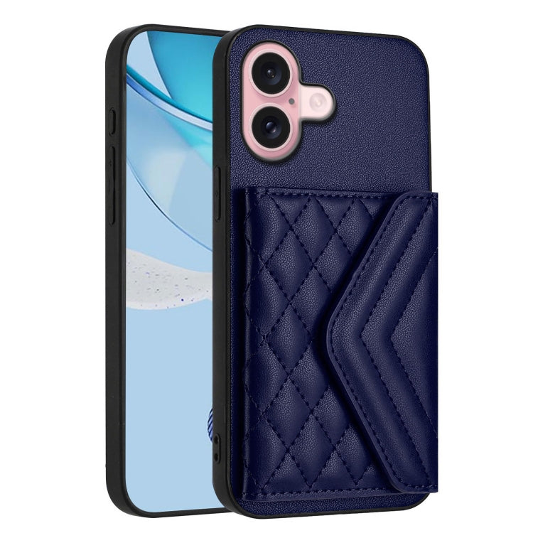 For iPhone 16 Rhombic Texture Card Bag RFID Phone Case with Long Lanyard