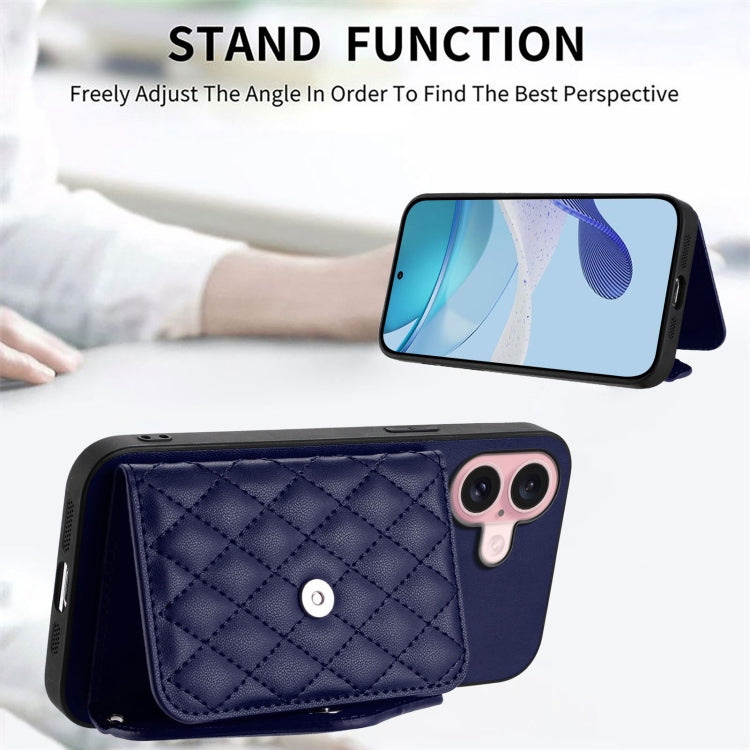 For iPhone 16 Rhombic Texture Card Bag RFID Phone Case with Long Lanyard