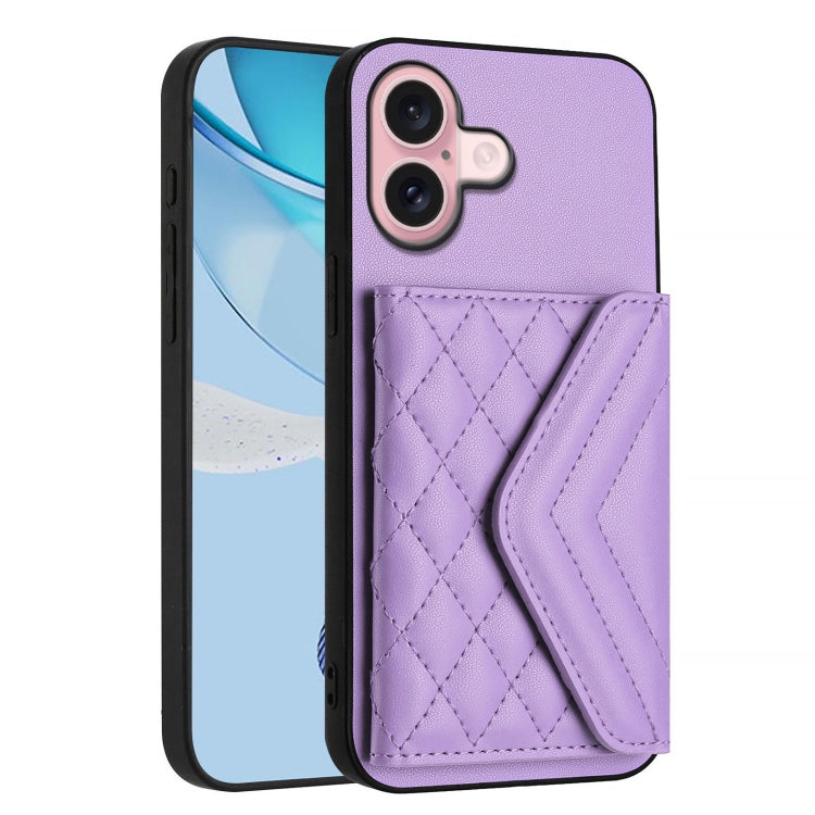 For iPhone 16 Rhombic Texture Card Bag RFID Phone Case with Long Lanyard