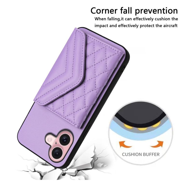 For iPhone 16 Rhombic Texture Card Bag RFID Phone Case with Long Lanyard