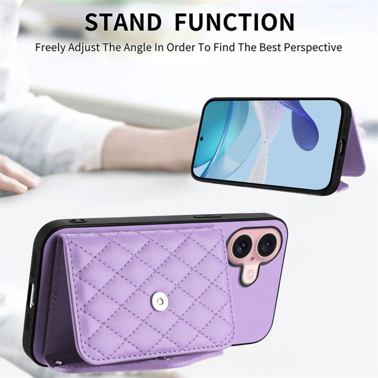 For iPhone 16 Rhombic Texture Card Bag RFID Phone Case with Long Lanyard