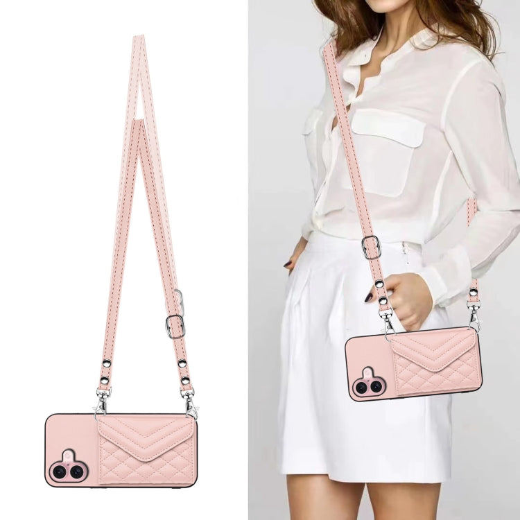 For iPhone 16 Rhombic Texture Card Bag RFID Phone Case with Long Lanyard
