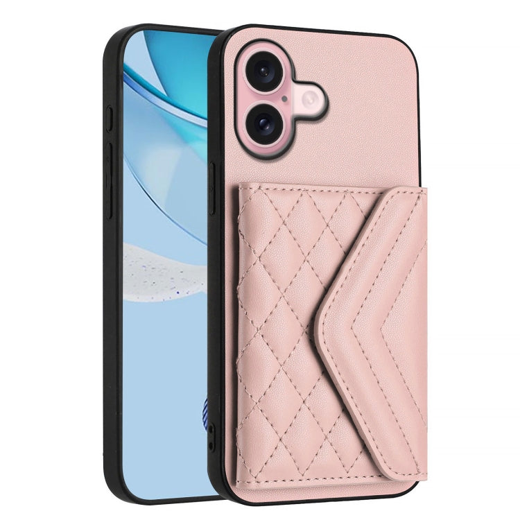 For iPhone 16 Rhombic Texture Card Bag RFID Phone Case with Long Lanyard