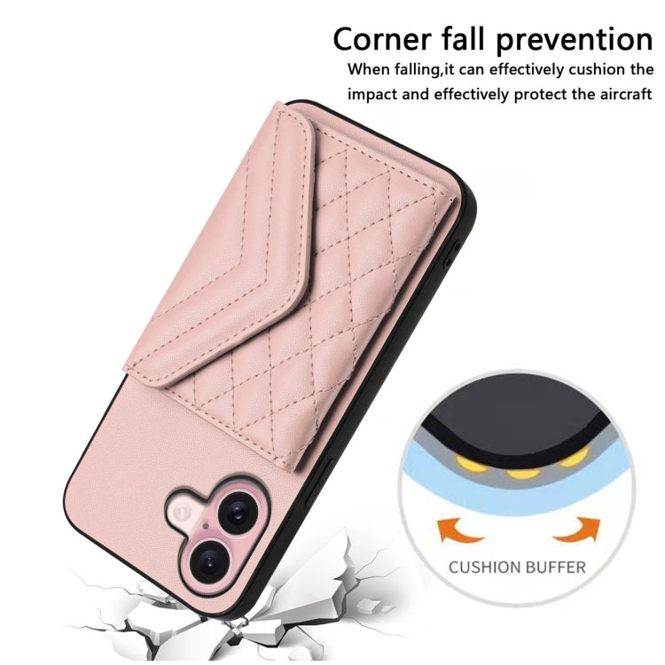 For iPhone 16 Rhombic Texture Card Bag RFID Phone Case with Long Lanyard