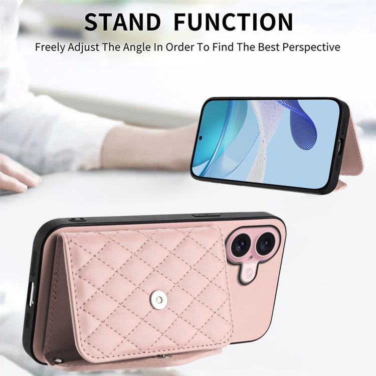 For iPhone 16 Rhombic Texture Card Bag RFID Phone Case with Long Lanyard