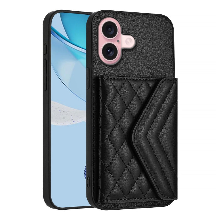 For iPhone 16 Rhombic Texture Card Bag RFID Phone Case with Long Lanyard