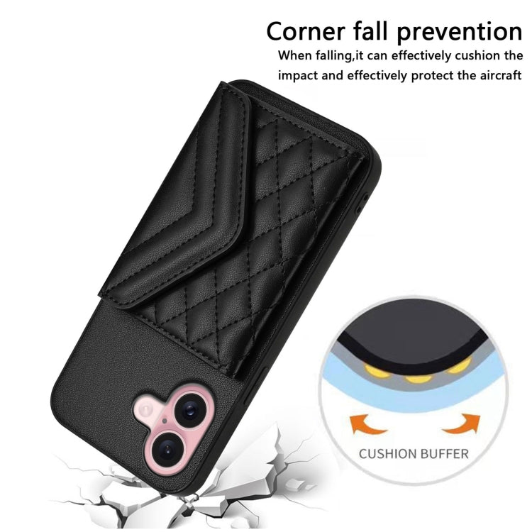 For iPhone 16 Rhombic Texture Card Bag RFID Phone Case with Long Lanyard