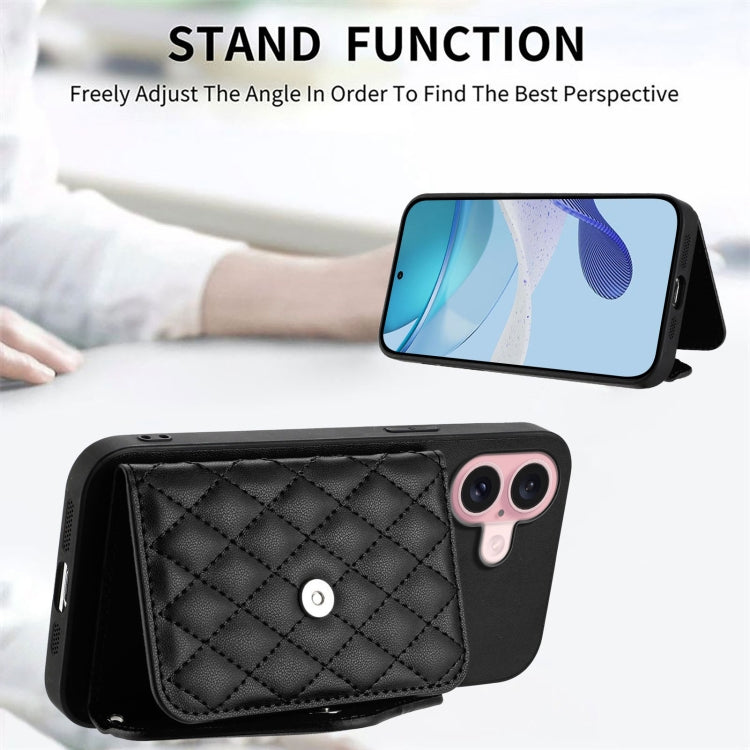 For iPhone 16 Rhombic Texture Card Bag RFID Phone Case with Long Lanyard