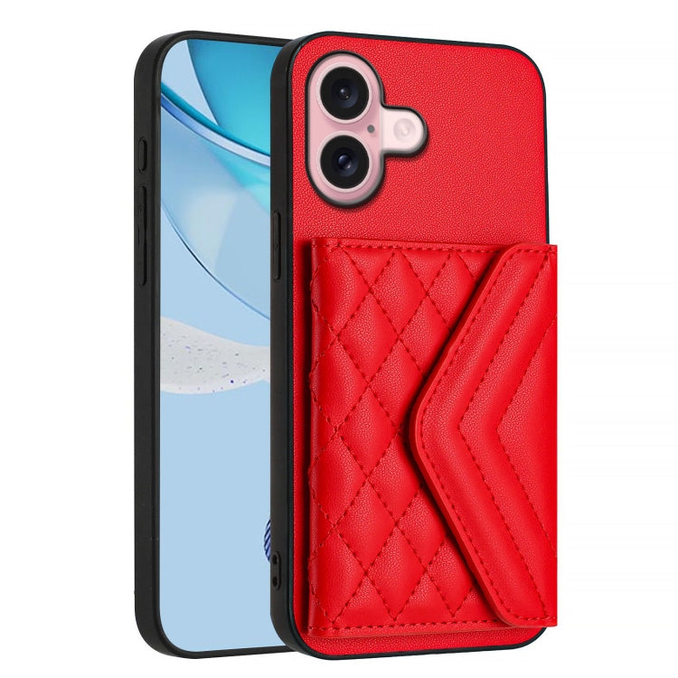 For iPhone 16 Rhombic Texture Card Bag RFID Phone Case with Long Lanyard
