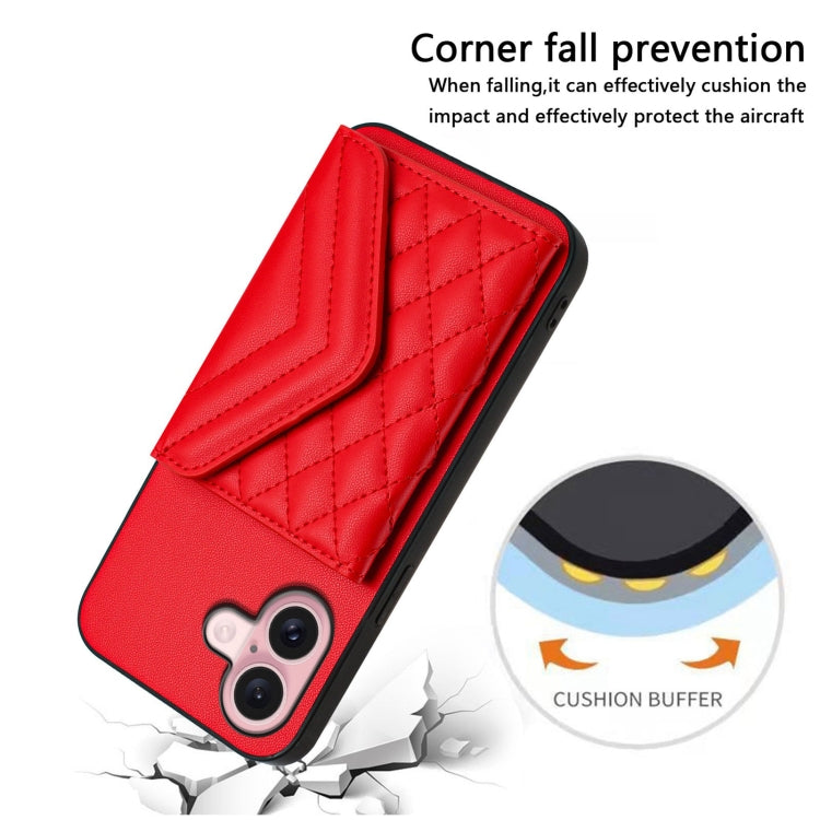 For iPhone 16 Rhombic Texture Card Bag RFID Phone Case with Long Lanyard