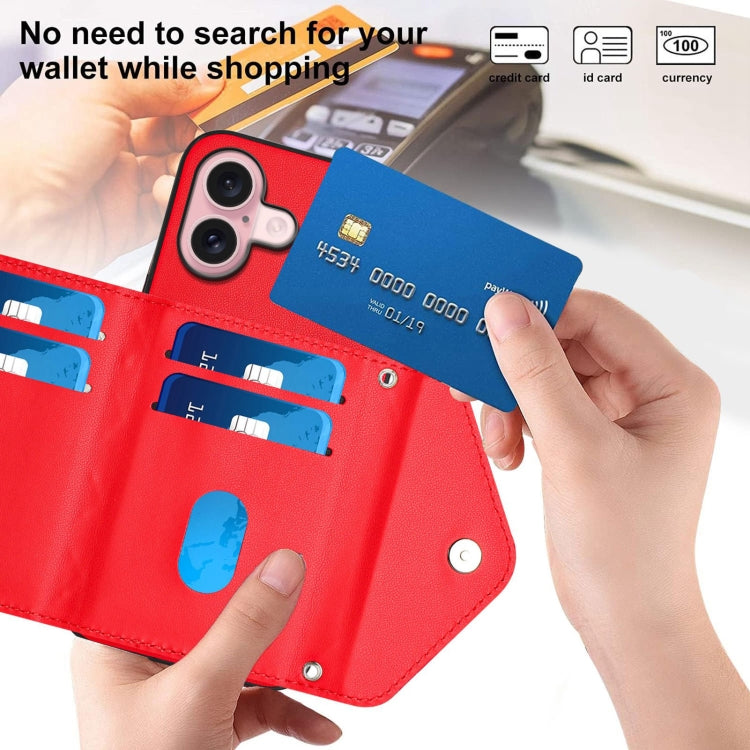 For iPhone 16 Rhombic Texture Card Bag RFID Phone Case with Long Lanyard
