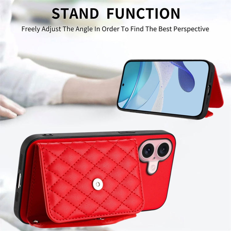 For iPhone 16 Rhombic Texture Card Bag RFID Phone Case with Long Lanyard