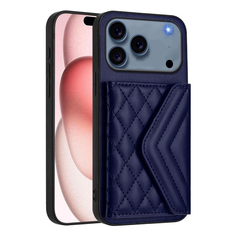 For iPhone 17 Pro Max Rhombic Texture Card Bag RFID Phone Case with Long Lanyard