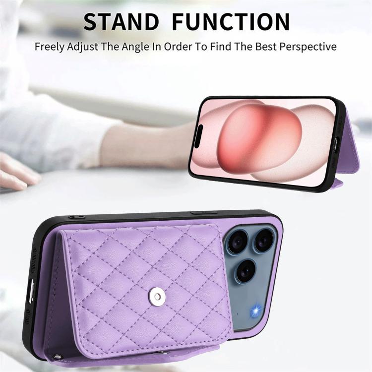 For iPhone 17 Pro Max Rhombic Texture Card Bag RFID Phone Case with Long Lanyard
